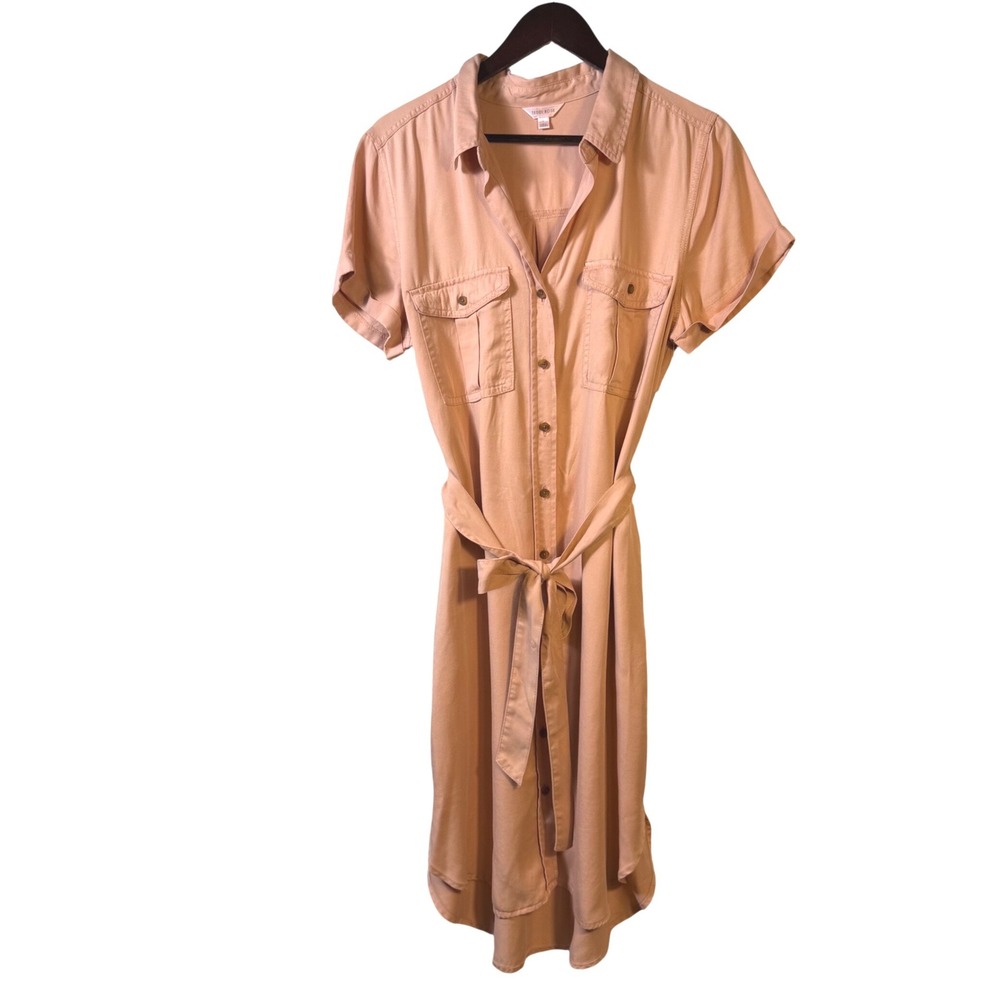 Teddi Rose Peach Tencel Lyocell Utility Shirt Dress Short Sleeve Midi NWT L